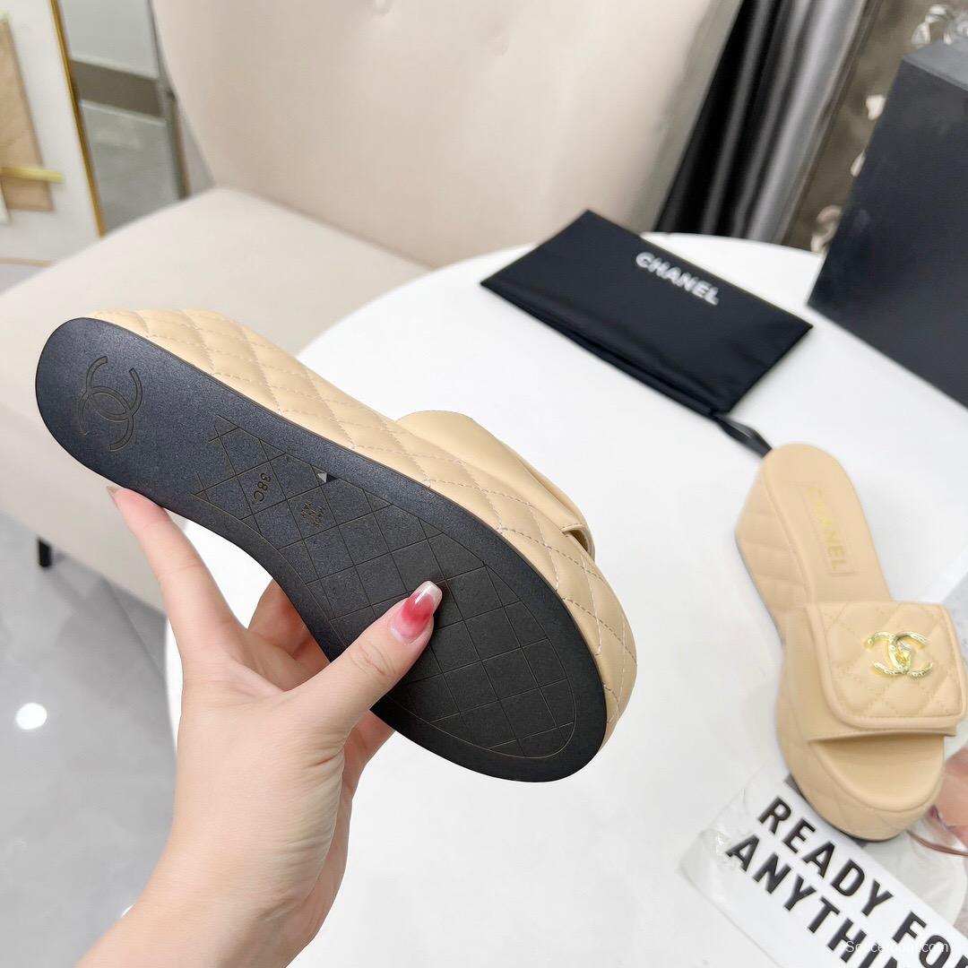 2025 Women Chanel Beige Leather Platform Slide Sandals