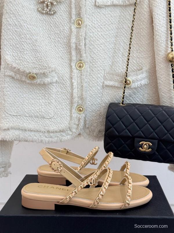2025 Women Chanel Beige Leather Sandals KFY00270