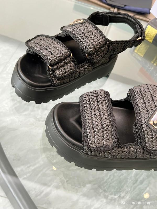 2025 Women Prada Black Woven Leather Platform Sandals LY00300