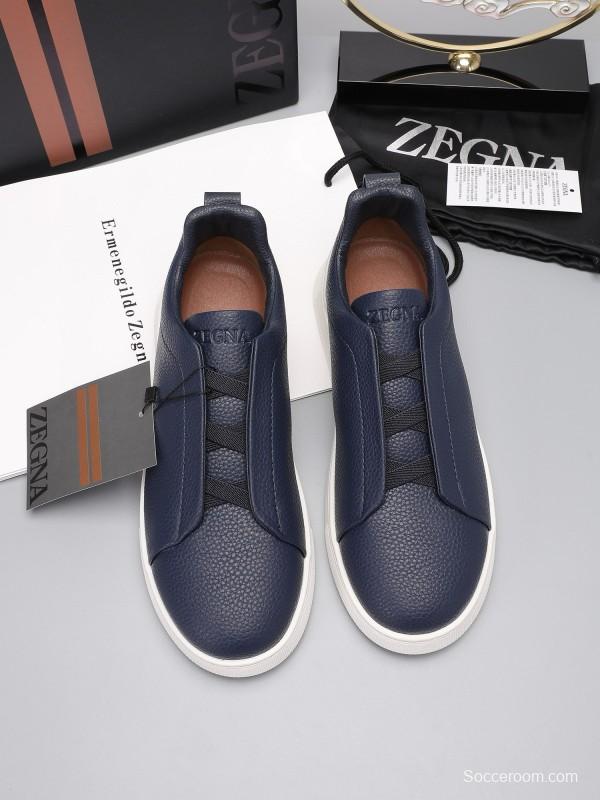 2024 Men Ermenegildo Zegna Navy Leather Low Top Sneakers MJ00240
