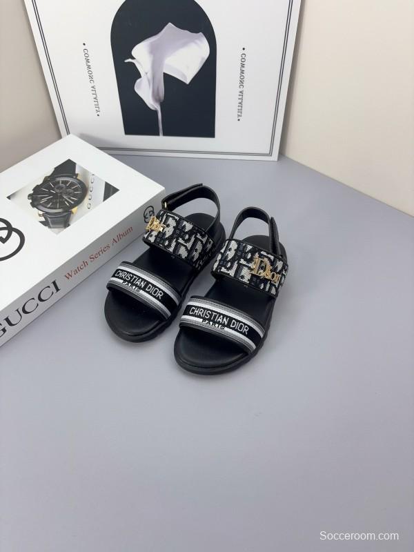 2025 Kids Dior Gray Black Canvas Leather Sandals