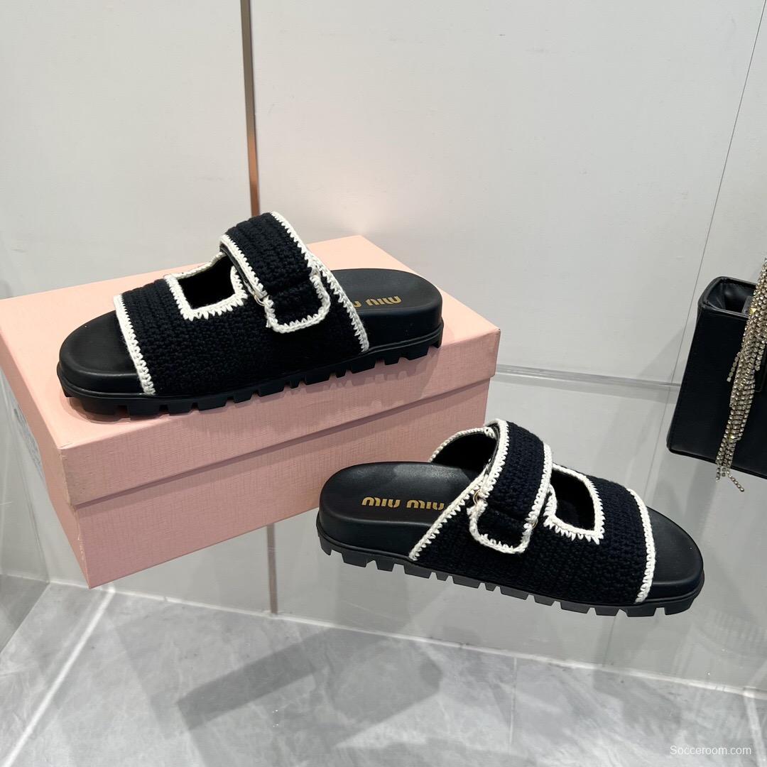 2025 Miu Miu Black White Crochet Leather Slippers KFY00290