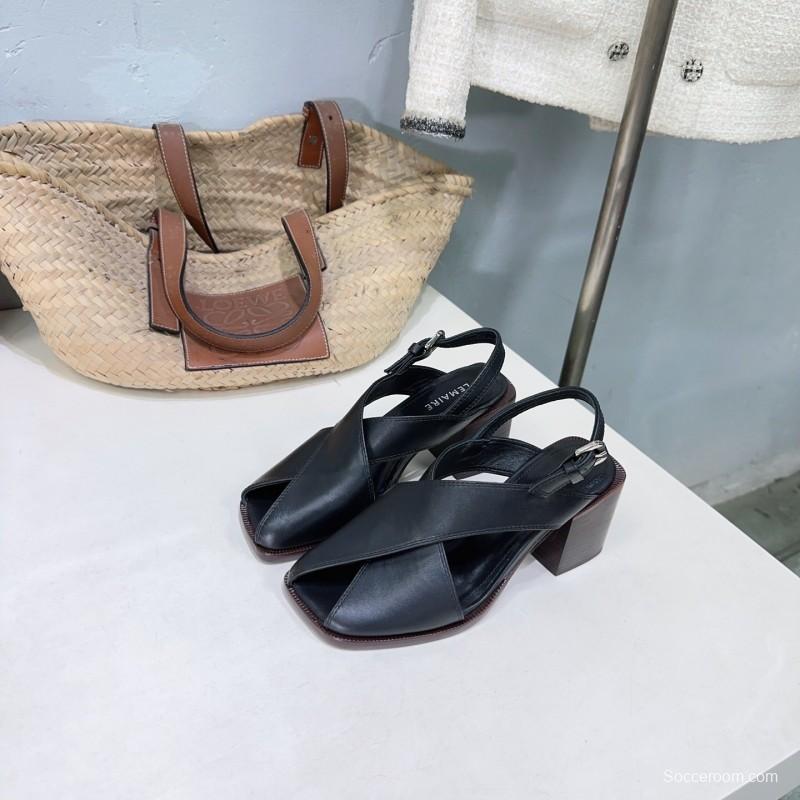 2025 Women Lemaire Black Leather Block Heel Sandals