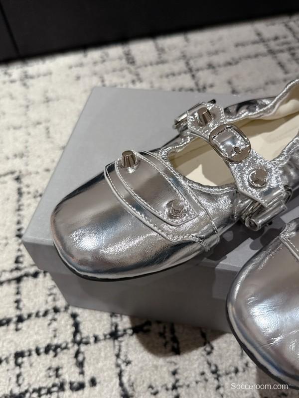 2025 Women BALENCIAGA Silver Leather Ballet Flats Metal Buckle KFY00300