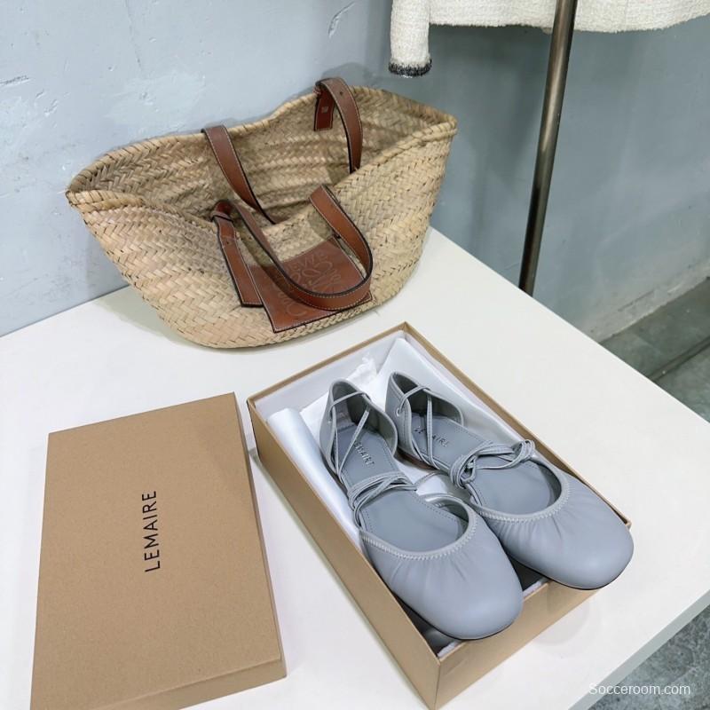 2025 Women LEMAIRE Light Grey Leather Ballet Flats