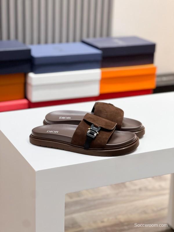 2025 Men Dior Brown Suede Leather Slippers AS00190