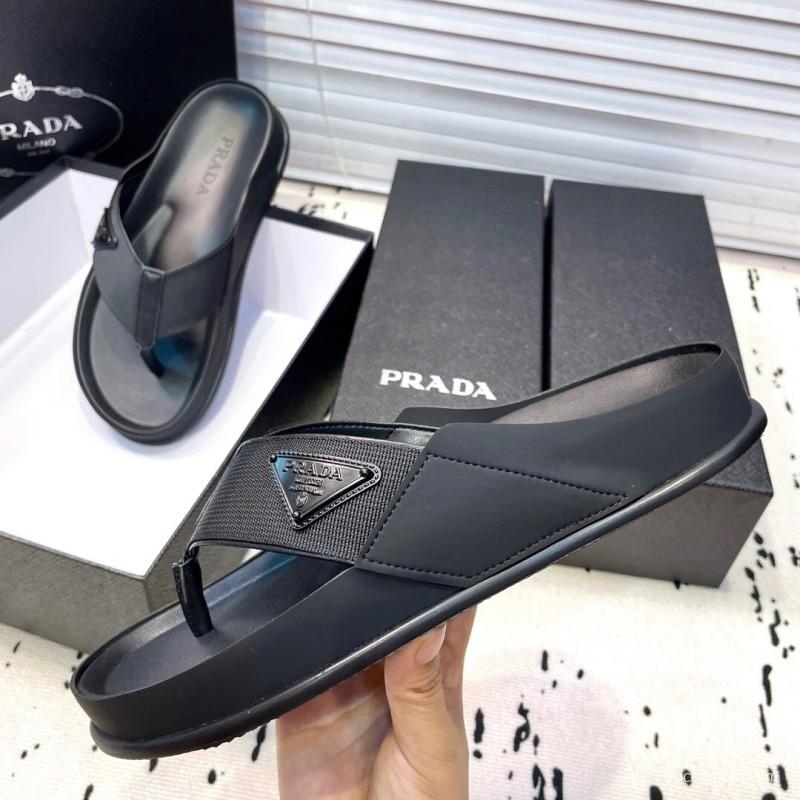 2025 Men Prada Black Fabric Leather Sandals Logo KFY00230