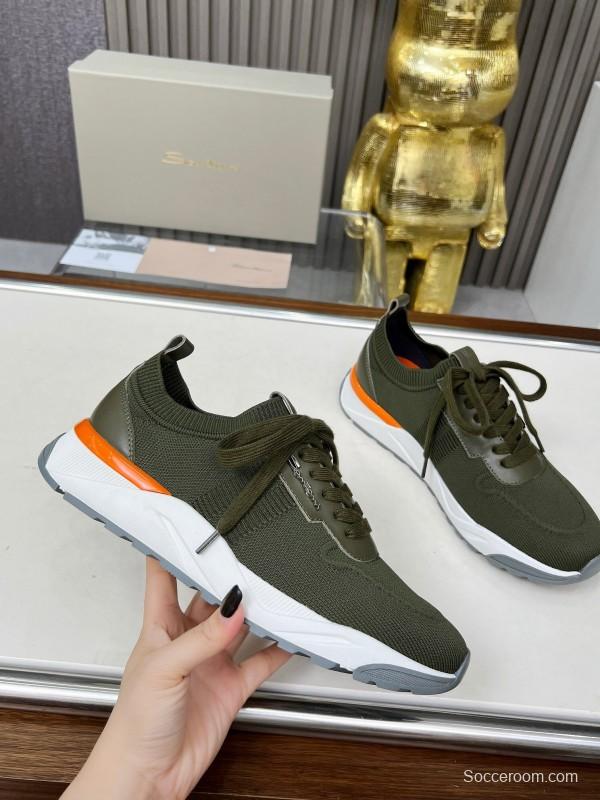 2025 Unisex Santoni Military Green Orange Wool Blend Knit Sneakers AS00320