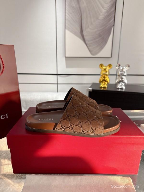 2025 Unisex Gucci Brown Leather Slippers Top Version AS00240