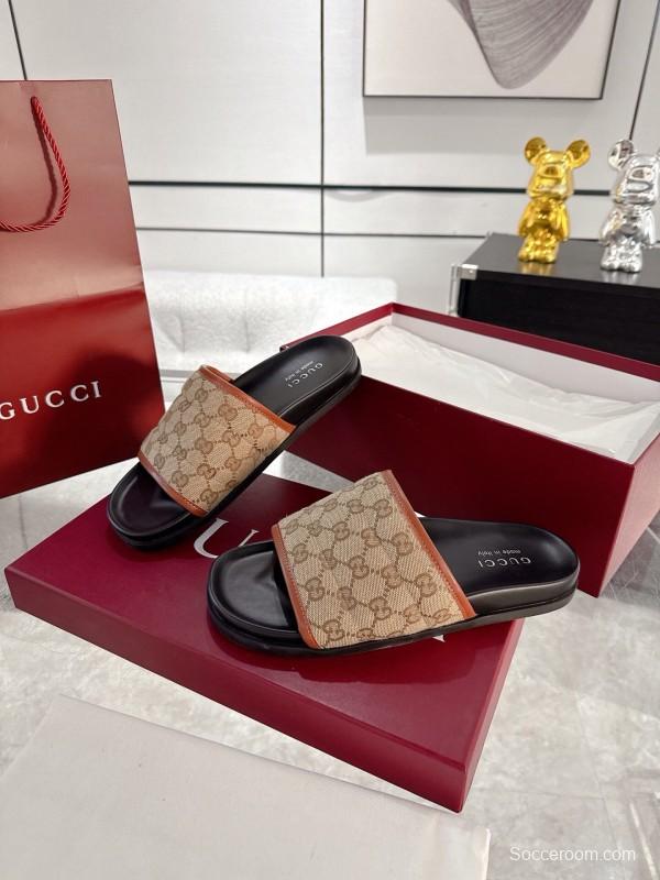 2025 Unisex Gucci Beige Brown Canvas Leather Slippers GG Embossed AS00240