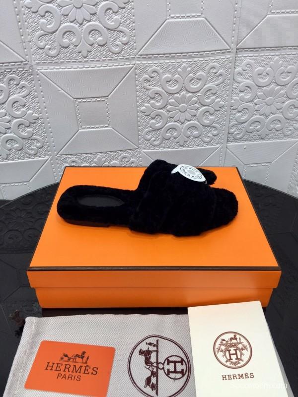 H Teddie Wool H Slippers Flat Sole Fur Slides - LY00240