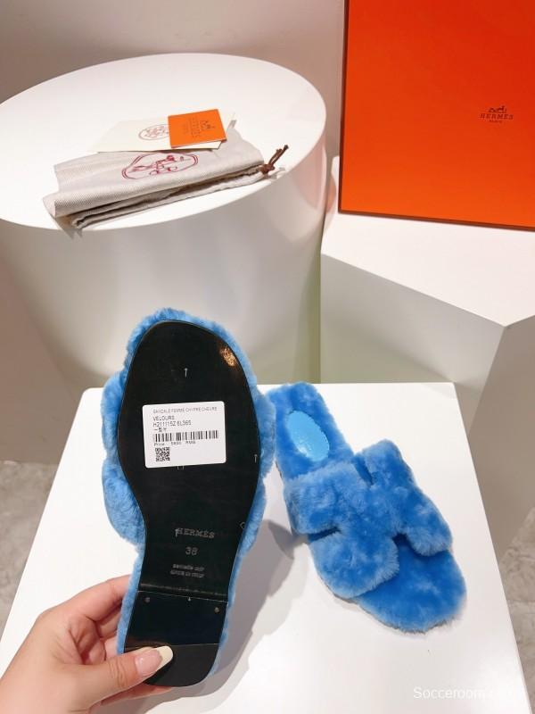 Hermès Teddy Wool H Slippers Flat Sole Fur Slides - LY00240