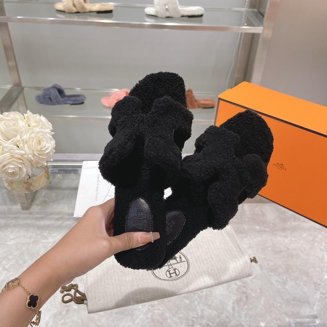 H Teddy Wool H Slippers Flat Sole Autumn Winter - LY00240