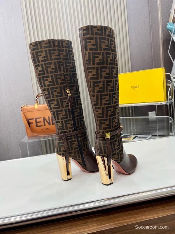 FENDI Delfina Round Toe Boots with FF Buckle and Heel Detailing - LY00