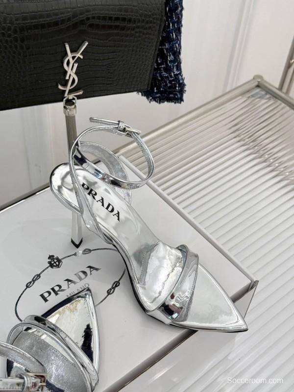 Prada 2025 SS Pointed Toe High Heel Sandals with Triangle Buckle - KFY00280