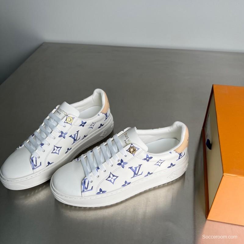 Louis Vuitton Time Out Cherry Blossom Collection Leather Round Toe Flat Low Top Sneakers Women's - YC