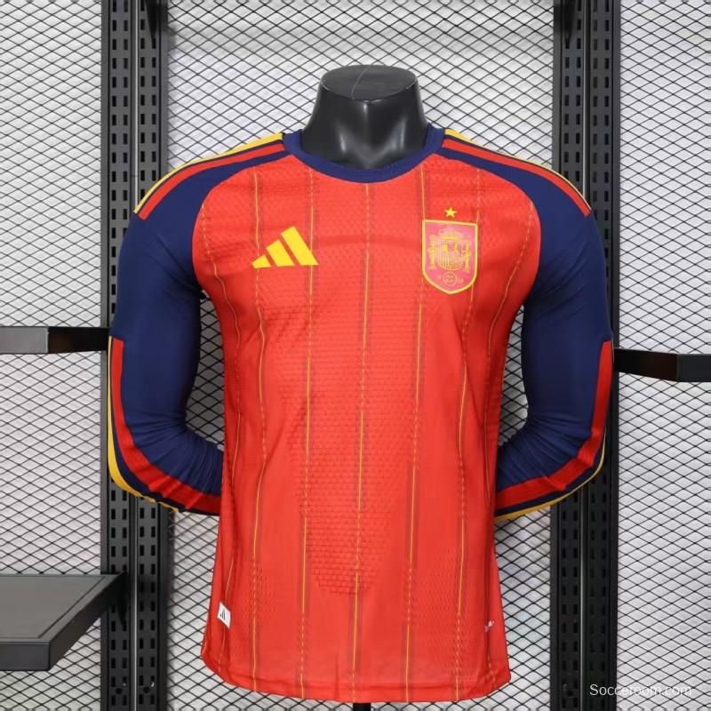 Player Version 2026 Spain Home Long Sleeve Red with Vertical Stripe Pattern Jersey