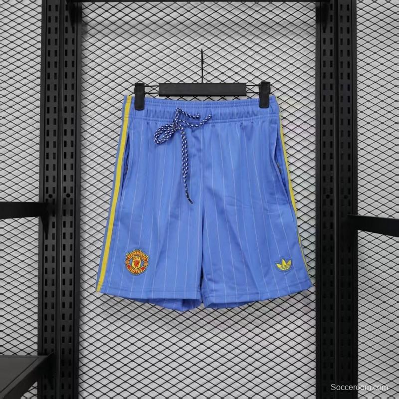 Retro Player Version  1990/91 Manchester United Third Sky Blue with Pinstripe Pattern Shorts