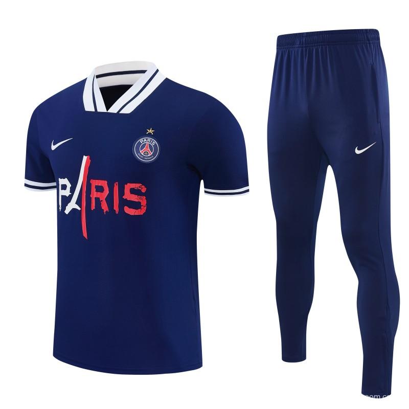 26/27 Paris Saint-Germain Navy Blue with "PARIS" Eiffel Tower Short Sleeve Tracksuit + Long Pants